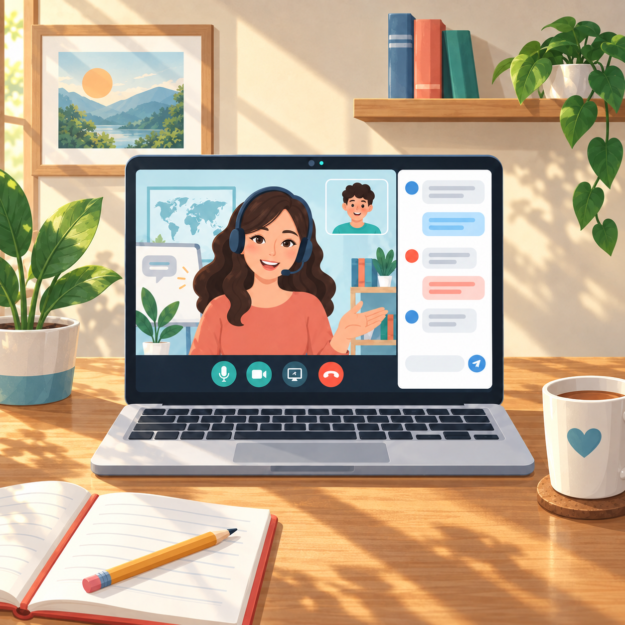 An illustrated teacher and student learning together on a video call