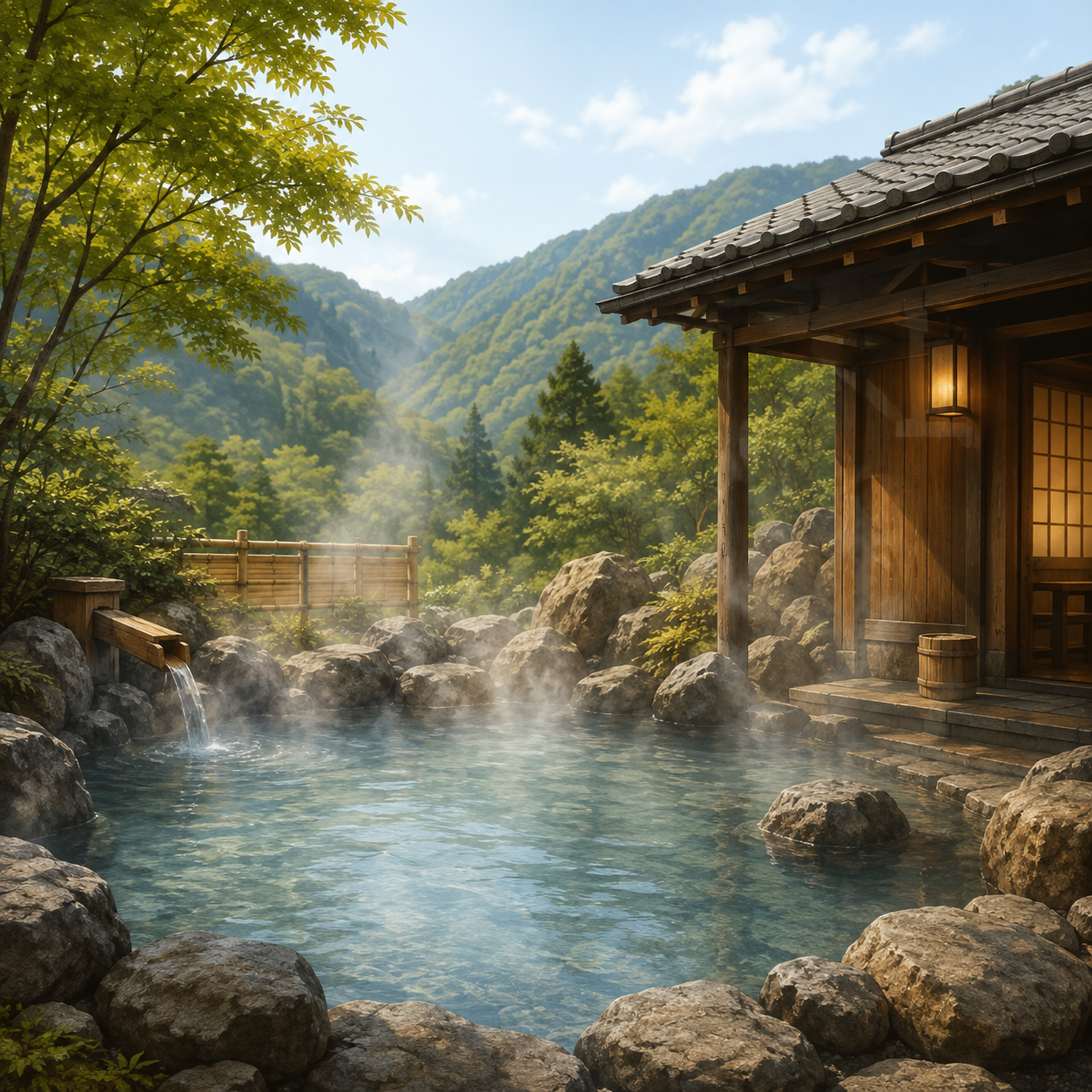 A tranquil outdoor Japanese hot spring surrounded by nature