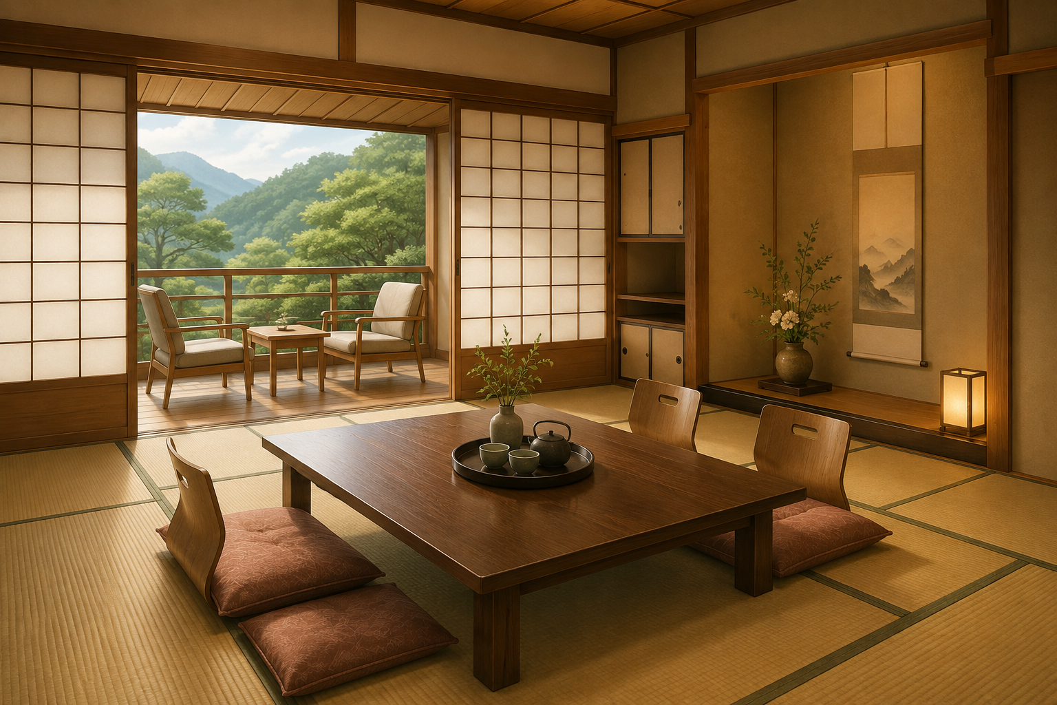 A calm traditional Japanese inn with tatami and shoji screens