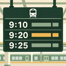 Station timetable showing the 9:10, 9:20, and 9:25 departures.