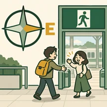 Two friends meeting outside the station’s east exit, marked with an east-pointing compass.