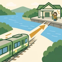 A train heading toward the traveler’s destination, Kawa Station beside a river.