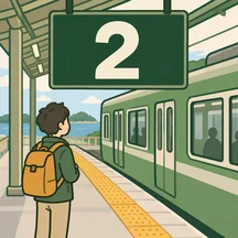The traveler waiting safely under the Platform 2 sign for the return train.