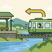 A train taking the traveler back to Kawa Station, shown by a curved return arrow.