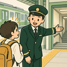 A uniformed station staff member helps a traveler find the return train.