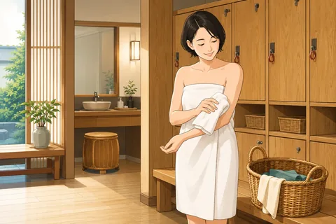 A visitor drying off with a towel after an onsen bath.