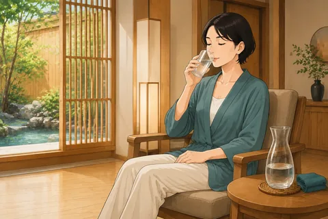 A visitor drinking water after an onsen bath.