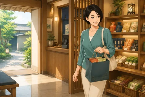 A visitor choosing souvenirs at an onsen gift shop.