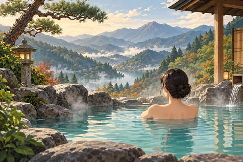 An open-air hot spring bath in daylight.