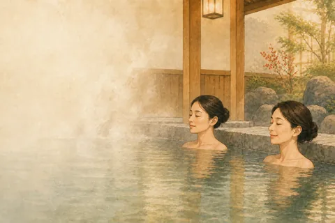 An onsen illustration showing that the bath is for soaking, not swimming.