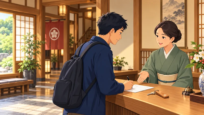 A guest with a backpack fills in a form at a wooden ryokan reception counter while a staff member in a green kimono welcomes him; a room key and bell sit on the counter.
