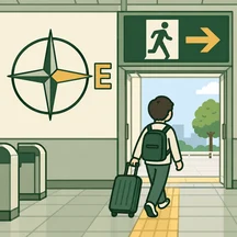 A station exit to the right, with a compass marking east with E.