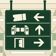 A station information board pointing left to tickets, ahead to gates, and right to the exit.