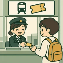 A traveler buying a train ticket at a station ticket counter.