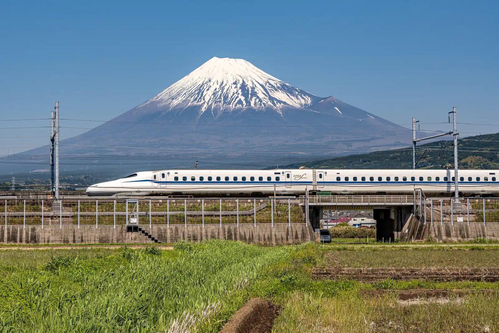 A white and blue N700S Shinkansen speeds past green fields at Higashi-Tagonoura, with snow-capped Mount Fuji rising behind it